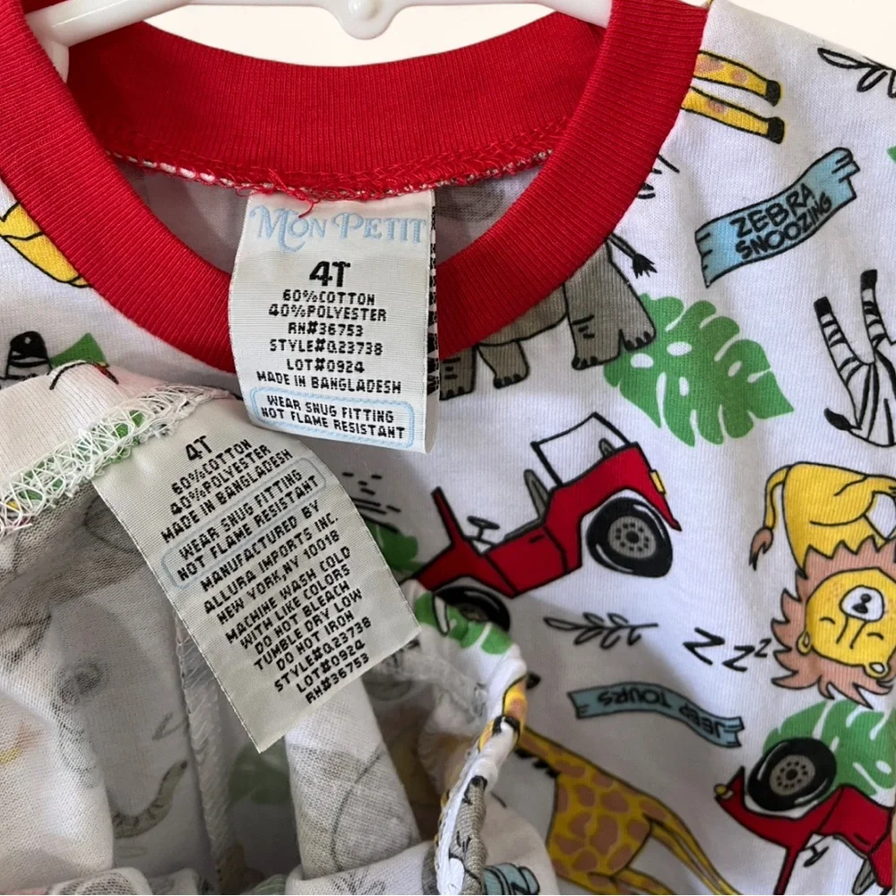 4T (2T Fit) Mon Petit 2 Piece Pajama Set Short Sleeve Pants Safari Animal Print